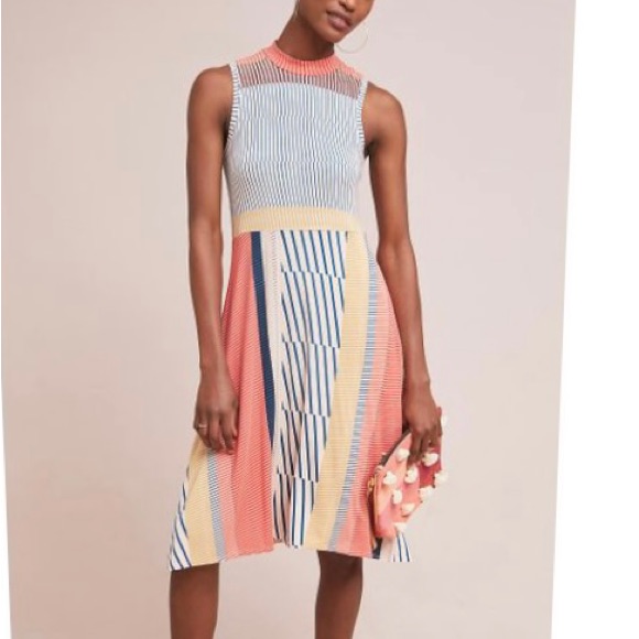 Nwt Anthropologie Maeve Cleary Multicolor Mock Neck Striped Dress Size L